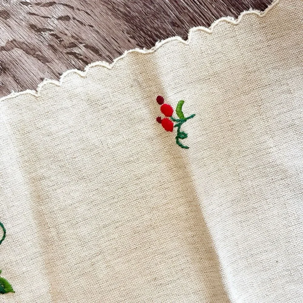 Embroidered Table Runner Dresser Scarf Scalloped Edge Linen Look Christmas Decor